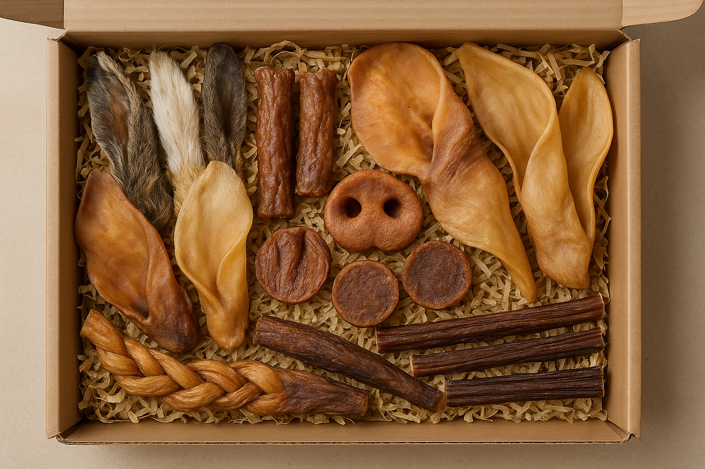 a postal box with shredded paper conraining a selection of natural dog treats including hairy rabbit ears (not rabbit head), pig, goat, buffalo ears, sausages, pig snout, pizzle, braide goat dkin, beef tail tip, meat coins, otrich sticks